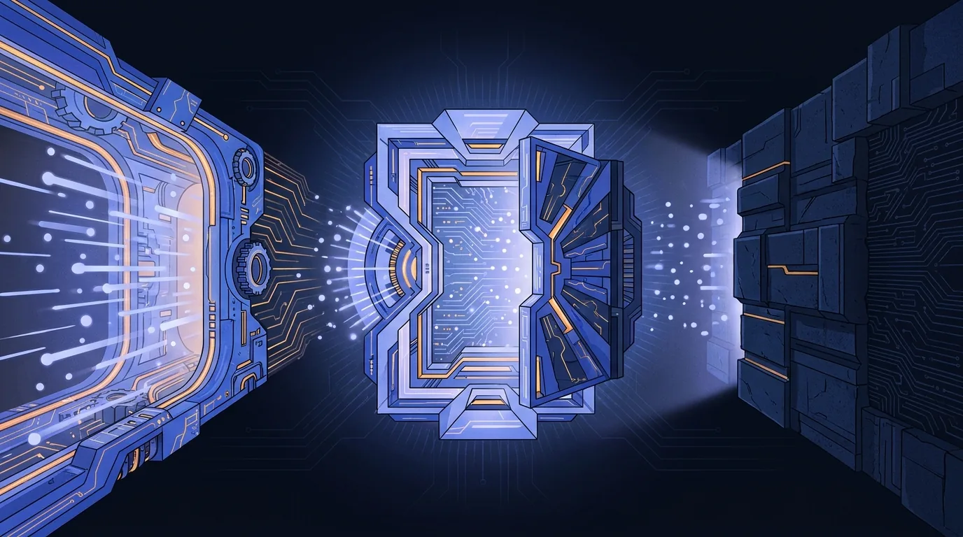 Illustration: a glowing conductor hallway on the left, a controllable silicon gate in the centre, and a solid insulating wall on the right