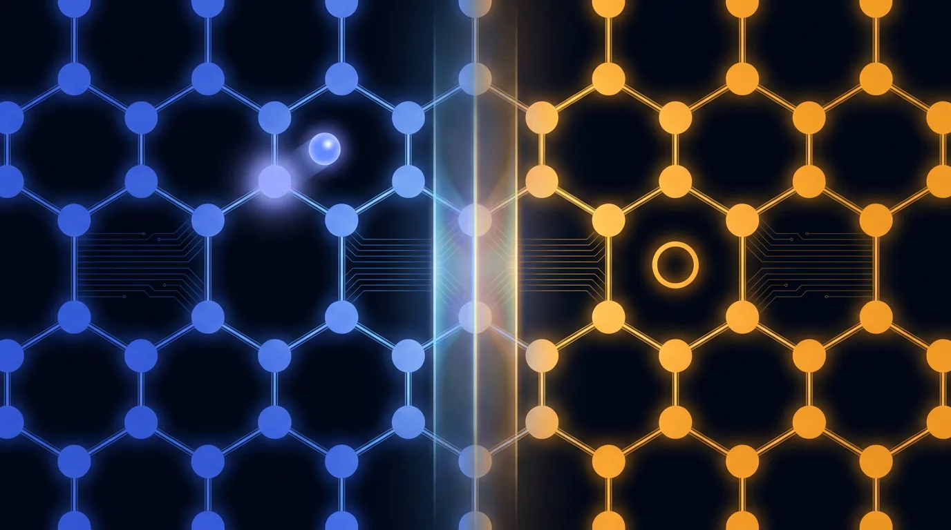 Illustration: a crystal lattice split into a blue N-type region with a free electron and an amber P-type region with a hole, meeting at a glowing junction