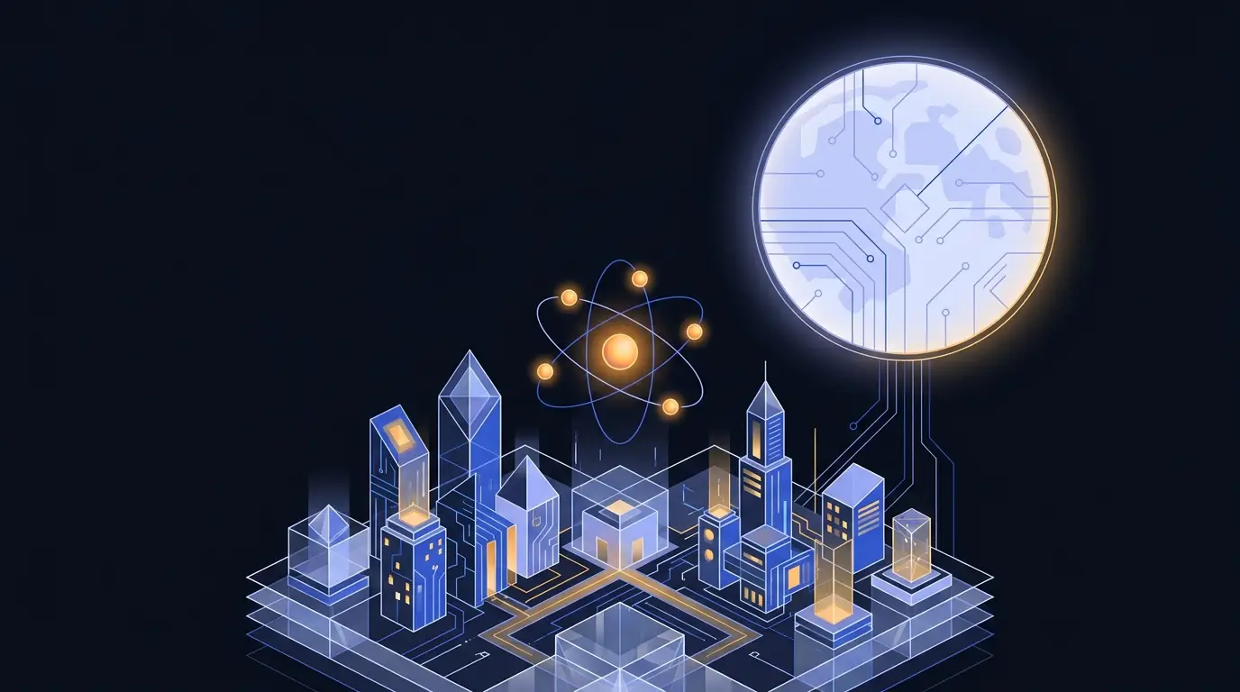 Illustration: a silicon atom with four valence electrons above a crystal-lattice city under a silicon-wafer moon