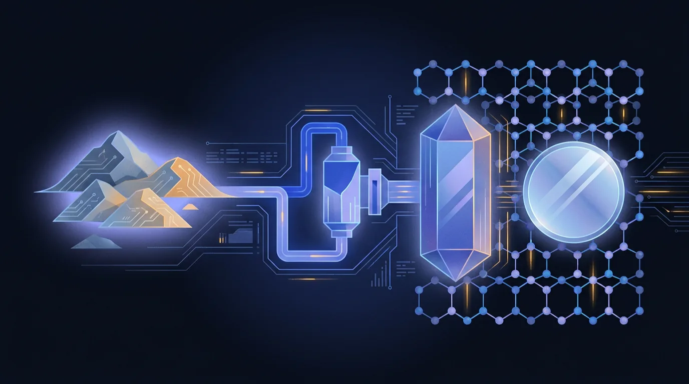 Illustration: beach sand transforming into a faceted silicon crystal ingot and a polished wafer, over a glowing crystal lattice