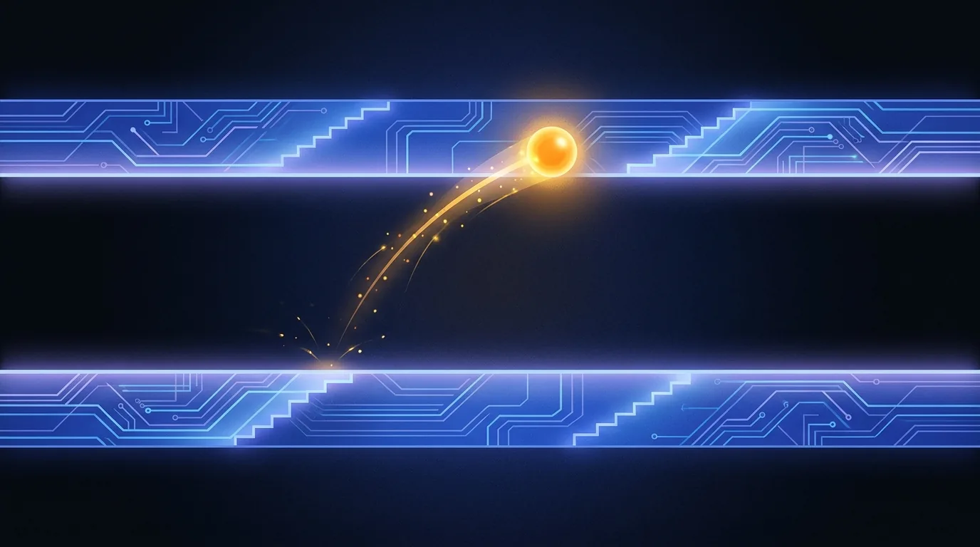 Illustration: two glowing energy bands separated by a gap, with an amber electron leaping across from the lower band to the upper band